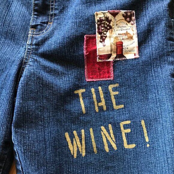 Upcycled Gloria Vanderbilt Patchwork Denim Capris Shorts, Painted Wine Theme, 14 - Picture 13 of 14